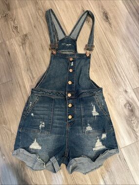 No Boundaries Dark Wash Distressed Denim Short Overalls